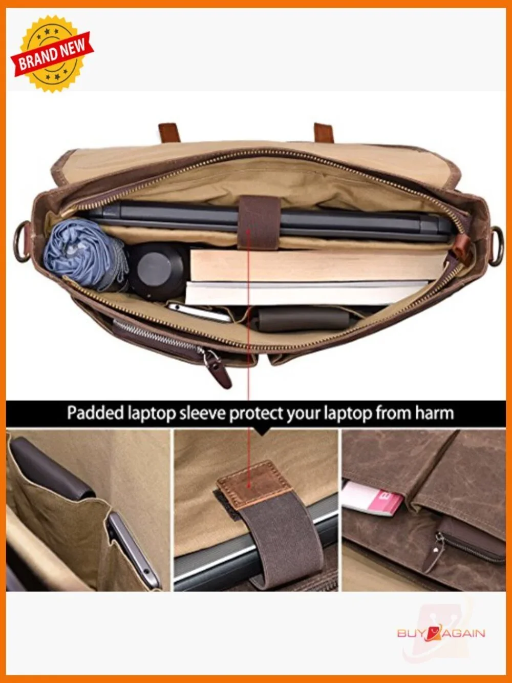 Waterproof Vintage Leather Canvas Messenger Bag 15.6